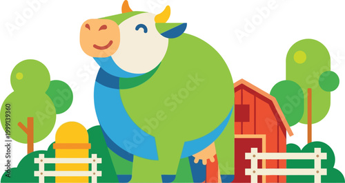 Cow standing in a green pasture in front of a red barn and wooden fence on a sunny day at the farm.