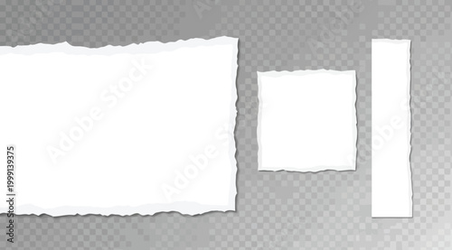 Set of torn paper edges, ripped white paper sheets with rough texture