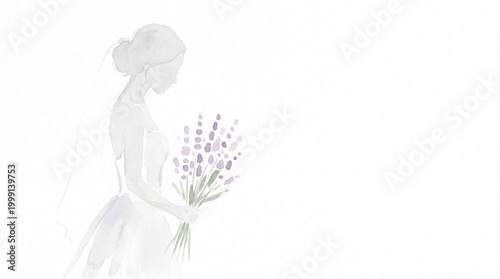 A woman in an elegant wedding dress holding a bouquet of lavender, watercolor  