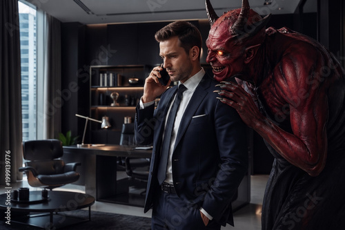 A businessman in a suit. A sinister devil leans in close, whispering a deceitful plan into his ear, tempting him with unethical schemes like fraud, insider trading, and tax evasion. Generative AI