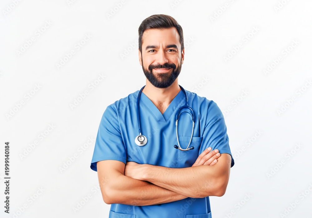 Obraz premium Smiling male doctor in blue scrubs with arms crossed