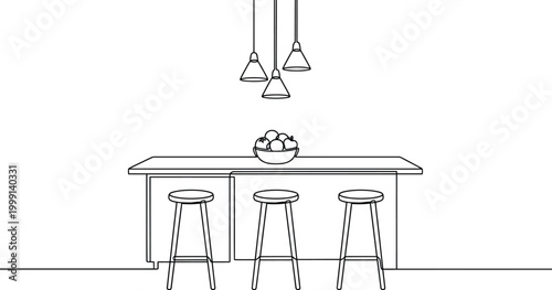 Modern Kitchen Island with Bar Stools Line Art Illustration and Pendant Lights