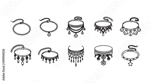 Collection of diverse choker necklace designs with decorative elements on white background