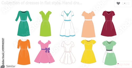 Collection of flat style women dresses illustration, colorful fashion clothing set with different designs and silhouettes for casual and summer outfits isolated on white