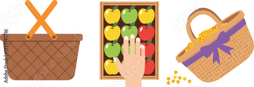 Picnic baskets and grocery selection illustration, wicker containers with fruits and grains, shopping and food storage concept isolated on white background