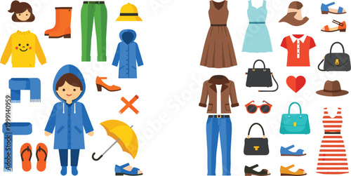 Women clothing and accessories collection illustration, casual outfits set with shoes bags jackets dresses and seasonal items for fashion styling isolated on white background