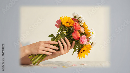 Delicate Hands Presenting a Colorful Bouquet of Fresh Flowers
