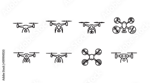 Collection of drone outlines in a linear graphic style for technology concepts