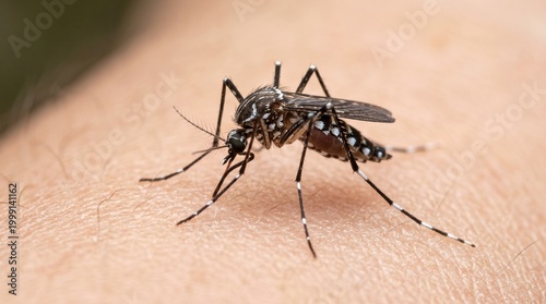 Macro close-up of Aedes aegypti mosquito on human skin, dengue fever awareness concept
