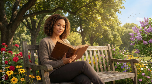 Woman Reads a Book on a Bench in a Beautiful, Sunny Garden