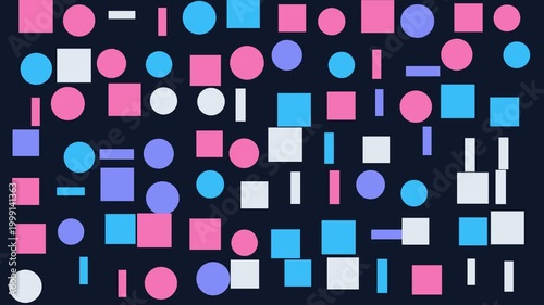Bright shapes float on a dark background