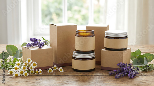 Cosmetic packaging with jars, boxes, and flowers on a wooden table near a window.