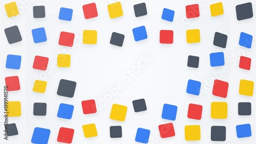 Colorful squares tumble across a clean white space