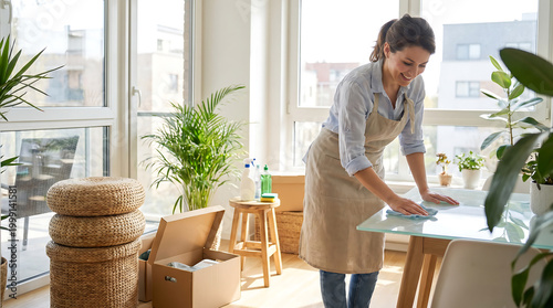 Woman Cleaning a Table in a Bright, Airy Room Filled with Plants
