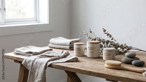 Rustic Spa Scene: Natural Elements and Serene Products on a Wooden Table