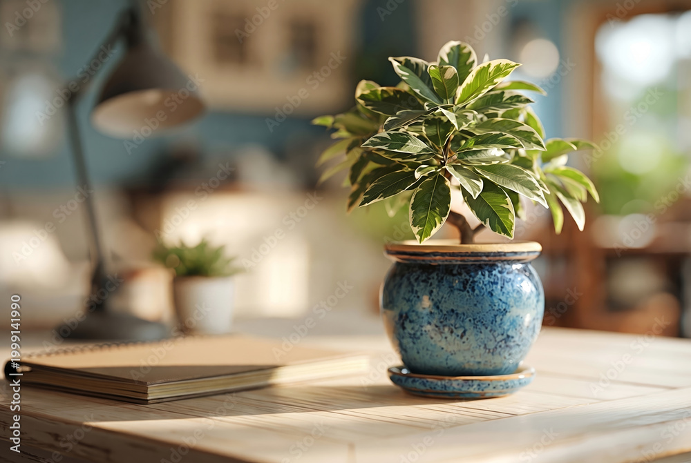 Fototapeta premium Indoor Plant on Wooden Desk. Potted green houseplant on wooden desk with notebook and lamp in modern interior. Home office decor concept