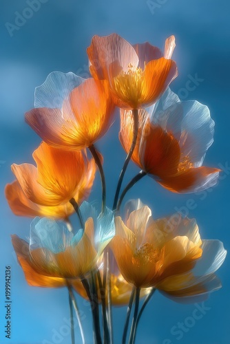 Orange Poppy Flowers with Translucent Petals on Blue Sky