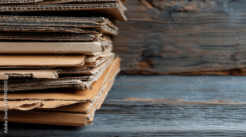Wooden background showcasing eco-conscious recycling of cardboard waste and packaging for a sustainable and natural material concept. Cardboard recycling wood, eco-conscious