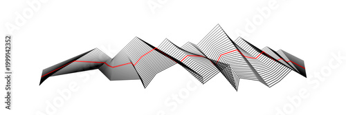 Abstract geometric wave landscape formed by layered black lines with a contrasting red path. Modern, dynamic composition ideal for tech visuals, data concepts, and futuristic design projects.