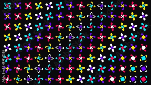 Bright circles and squares dance on black background