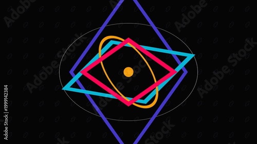 Abstract geometric shapes float against a black backdrop