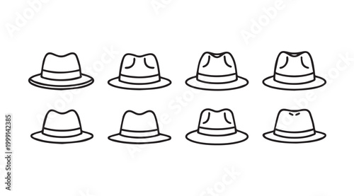 Collection of fedora hat outlines in a simple line drawing style with clean white background