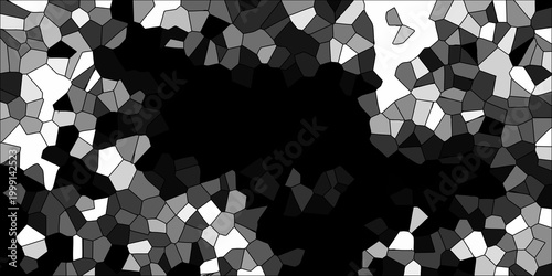 Abstract mosaic pattern with irregular polygonal shapes in shades of gray and white creating a textured background effect