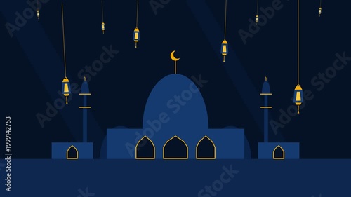 Dark sky frames glowing lanterns Blue mosque glows with golden trim