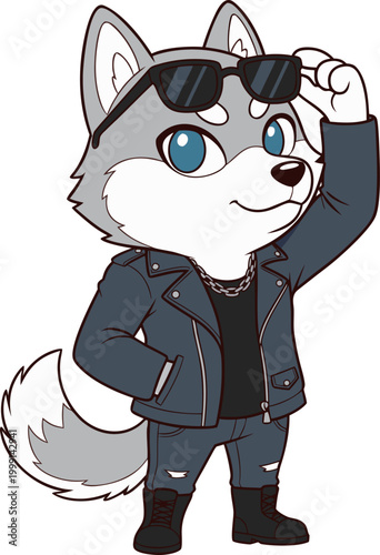 レザージャケットを着てサングラスをかけたワイルドでかっこいいハスキー犬の擬人化ちびキャラ風イラスト