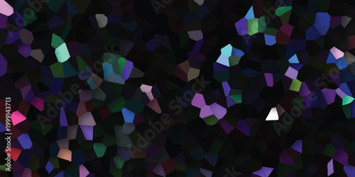 Energetic abstract mosaic featuring a dark background with a lively display of vivid geometric polygons in blues purples and greens for striking digital art