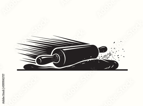 Isolated black outline of a rolling pin and flattened dough for clean graphic design in organic bakery branding and promotional menu marketing materials
