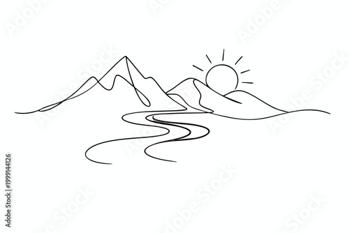 A serene landscape featuring majestic mountains, a winding river, and a radiant sun, all gracefully depicted in a continuous single line drawing style.