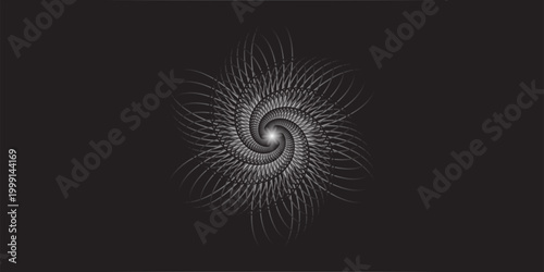 A colorful futuristic background image of a fractal abstraction in the form of a twisted spiral that moves endlessly toward a horizontal point