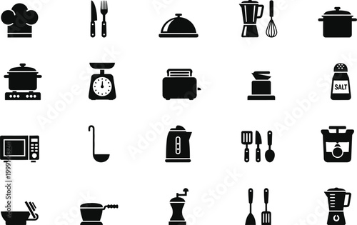 Black silhouette icons of kitchen utensils and cooking appliances