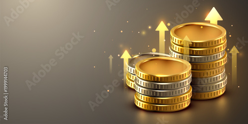 Golden coins stack with rising arrows showing financial growth, investment success, and economic profit. Vector illustration