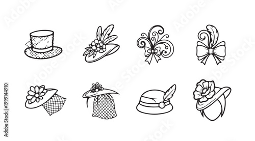 Collection of ornate vintage hats and decorative bows with elegant detailing