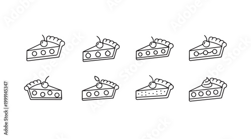 Collection of Pie Slices with Cherry Topping in Minimalist Outline Style