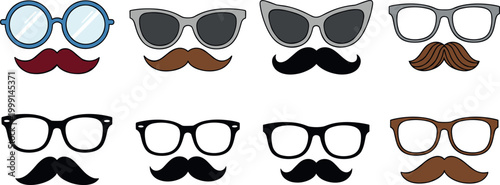 Glasses and mustache set vector illustration collection hipster fashion accessories with different styles isolated design pack