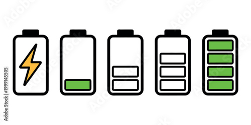 Battery in different charge levels battery levels charging power in white background