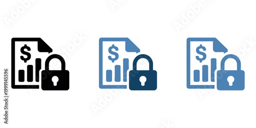 Black and blue of financial document with bar chart and padlock graph in white background