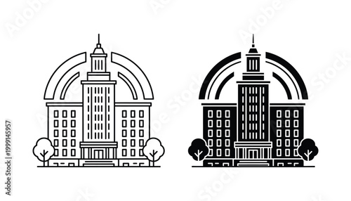 Modern city office building with radio signals or waves icon in linear and solid black style