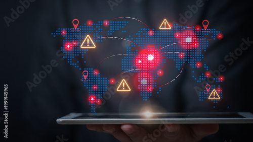 Foto Serious businessman holding tablet showing global distribution network map with