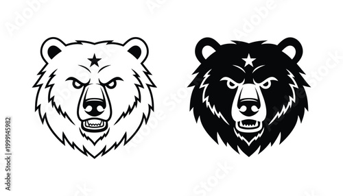 Aggressive grizzly bear head mascot logo with a star in outline and solid black style