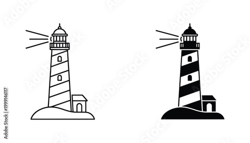 Classic lighthouse with light beam vector icon set featuring line art and solid black versions for nautical themed graphic design projects isolated on white background