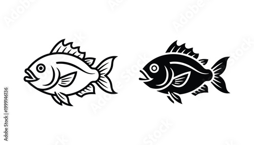 Two stylized fish illustrations in black and white line art and solid silhouette style for marine logos