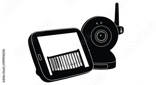 Smart home security camera and smartphone with app interface on screen for remote monitoring and control