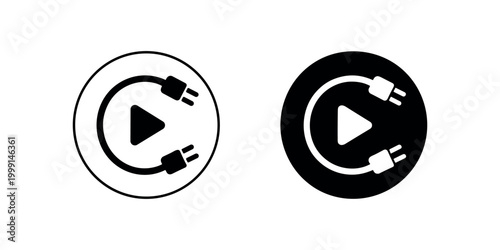 Black and white play button with electrical cord circular play media controls in white background