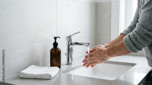 person washing hands in bathroom sink.