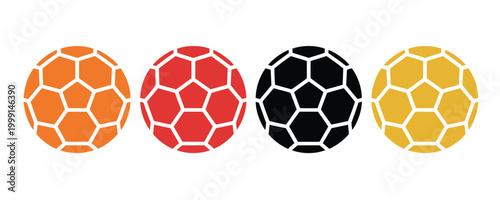 Handball sport vector icon set, dynamic player action poses, game equipment, and ball symbols for team sports, training, competition graphics, and athletic design projects