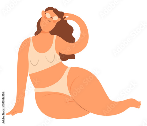 Schilderij op canvas A plump woman sits in a swimsuit and sunglasses